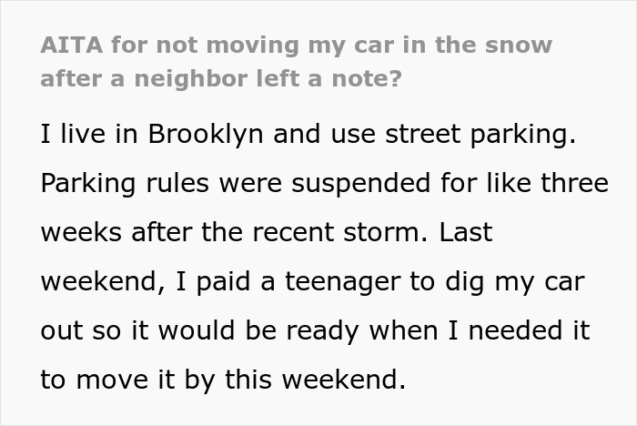 Text post about a dispute over snow-free parking spot, with a neighbor refusing to move his car. Text post about a dispute over snow-free parking spot, with a neighbor refusing to move his car.
