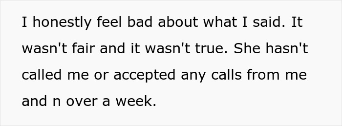 Text excerpt showing a woman expressing regret after firing back at her sister, leaving her husband embarrassed and kids confused.