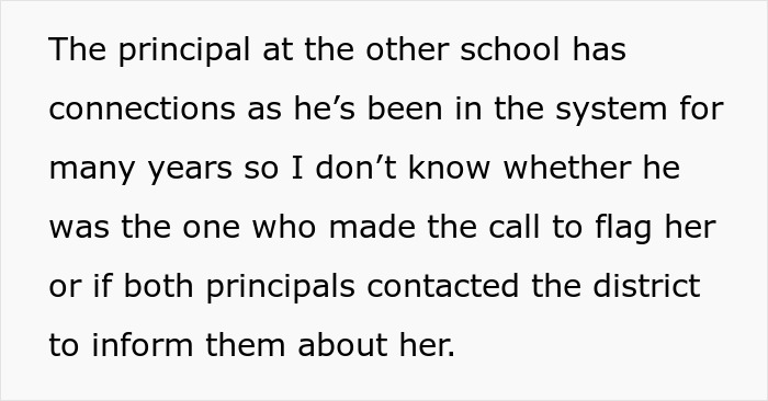Text excerpt about the teacher's situation involving the principal and school district regarding malicious threats and blacklisting.