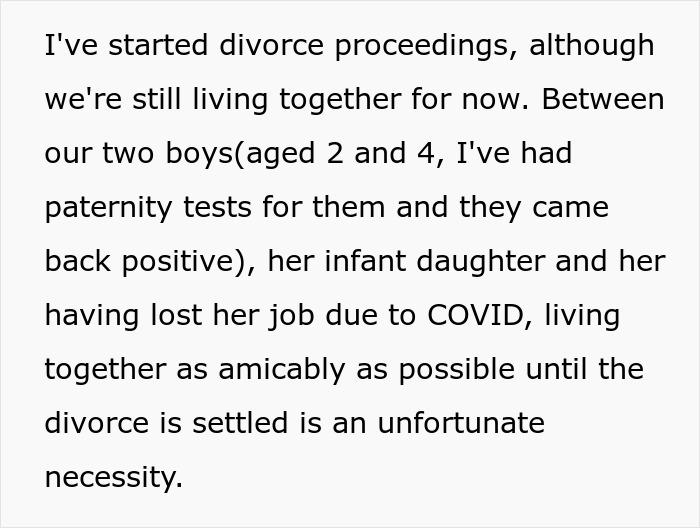 Text describing divorce proceedings and paternity tests amid wife&rsquo;s secret exposed after birth of a black child.