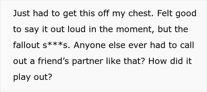 Alt text: Text post about calling out a friend's partner after a party incident involving enjoyment of spicy books causing a stir.