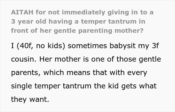 Text excerpt showing a 40-year-old frustrated with a 3-year-old cousin&rsquo;s tantrums and gentle parenting style.