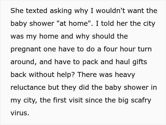 Text message explaining reluctance about a baby shower location, highlighting child out of spite concerns. Text message explaining reluctance about a baby shower location, highlighting child out of spite concerns.