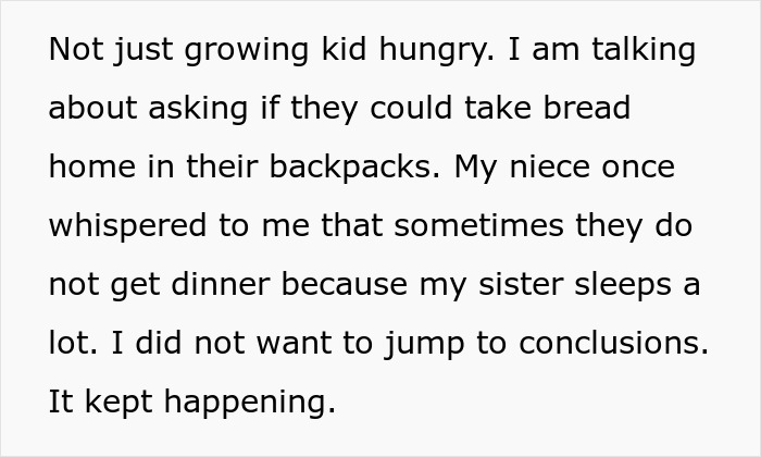 Text about neglectful mom causing kids to miss meals, niece revealing sister's neglect, concerns growing over time.