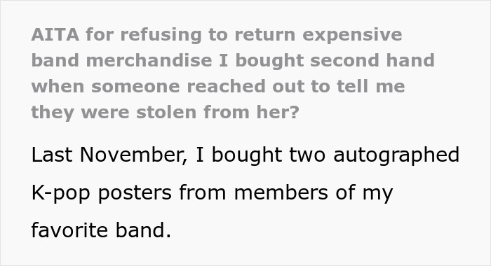 Text excerpt about K-Pop fan buying rare merch secondhand and alleged real owner demanding it back online.