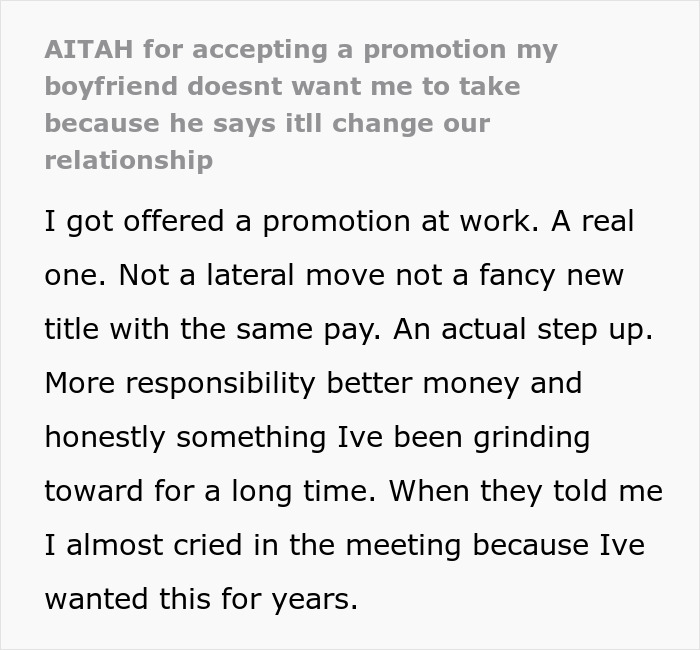 Text post about a woman stunned after her boyfriend admits her success is a threat to the life he pictured.