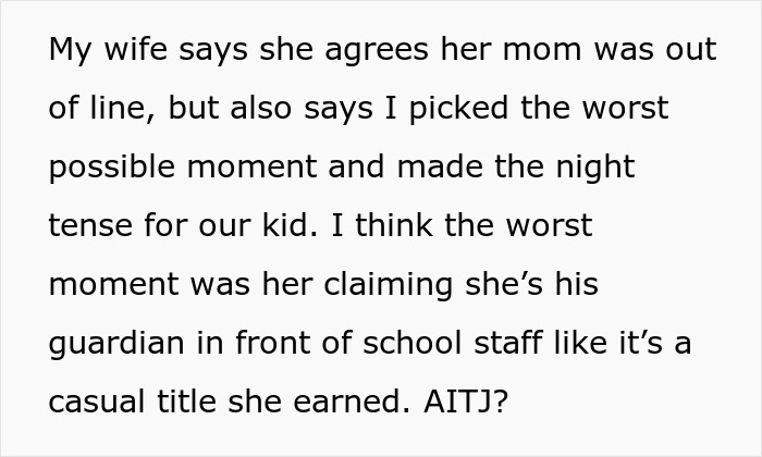 Text excerpt showing granny pretending to be kid&rsquo;s guardian, causing tension and dad fuming about her toxicity.