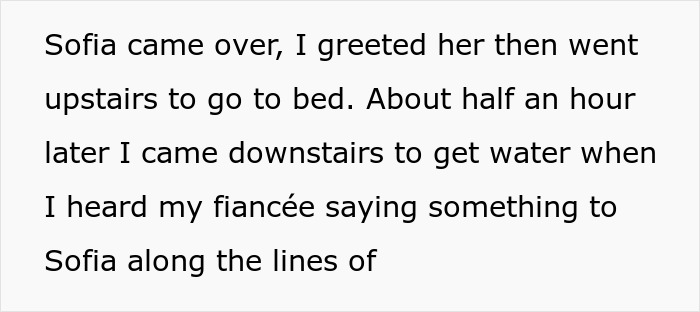 Text excerpt showing a woman overhearing her fianc&eacute; described as just background during a conversation with her best friend.