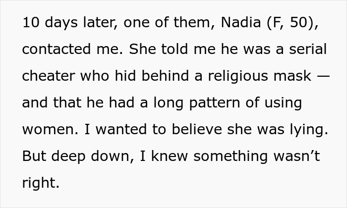 Text excerpt revealing a woman marrying soon after meeting her husband and uncovering his secret of being a serial cheater.