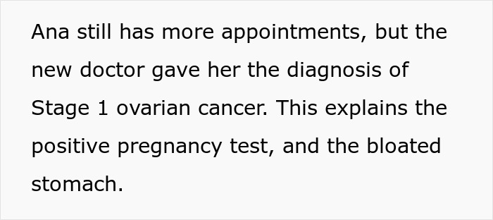 Text on a screen explaining a Stage 1 ovarian cancer diagnosis, causing confusion about a positive pregnancy test in a lesbian couple.