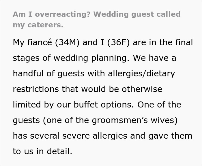 Text excerpt about wedding planning and a guest contacting caterers regarding dietary restrictions, highlighting woman’s refusal of vegetarian meal. Text excerpt about wedding planning and a guest contacting caterers regarding dietary restrictions, highlighting woman’s refusal of vegetarian meal.