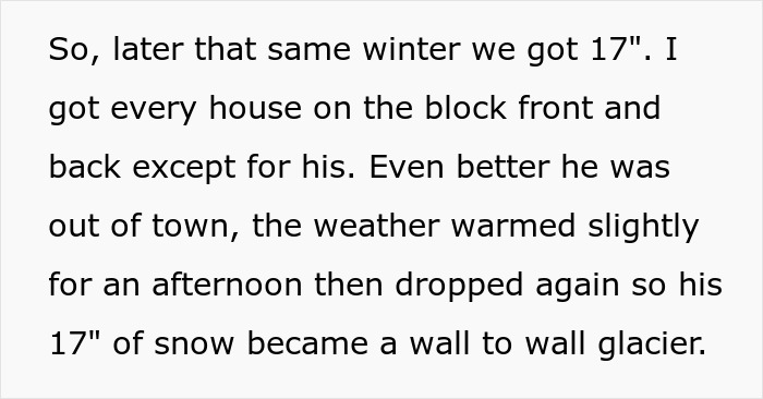 Man with snowblower clearing snow while leaving mean neighbor&rsquo;s driveway covered after heavy snowfall.