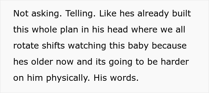 Text excerpt about a 50-year-old dad planning baby care shifts as his kids refuse to help raise the baby.
