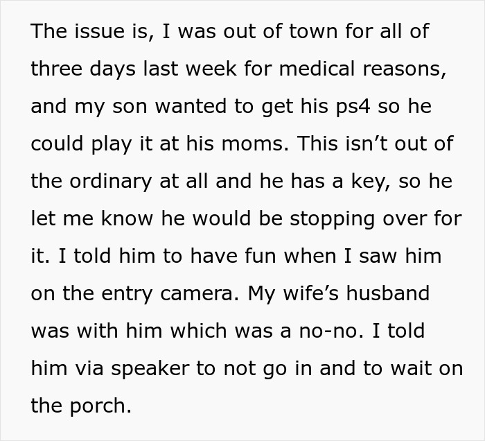 Text excerpt showing a man explaining his son&rsquo;s visit and mentioning his cheating ex-wife&rsquo;s boyfriend involved in Lego theft incident.