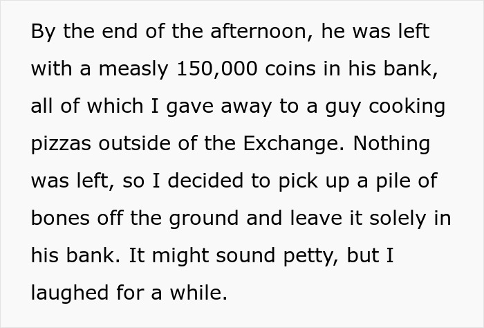 Text excerpt showing a RuneScape player left with few coins after bank destruction in the game. - 42