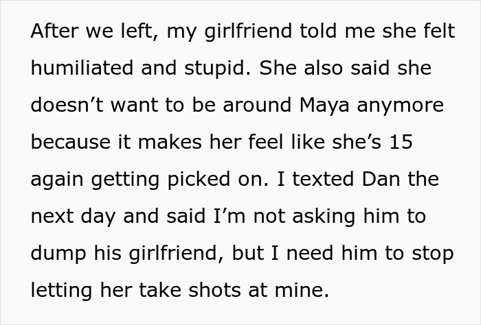 Text excerpt about girlfriend feeling humiliated and bullied, with guy needing to choose between girlfriend or best friend.