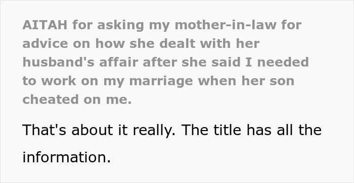 Text post about a cheating husband and his mother defending him, leading to conflict between in-laws.