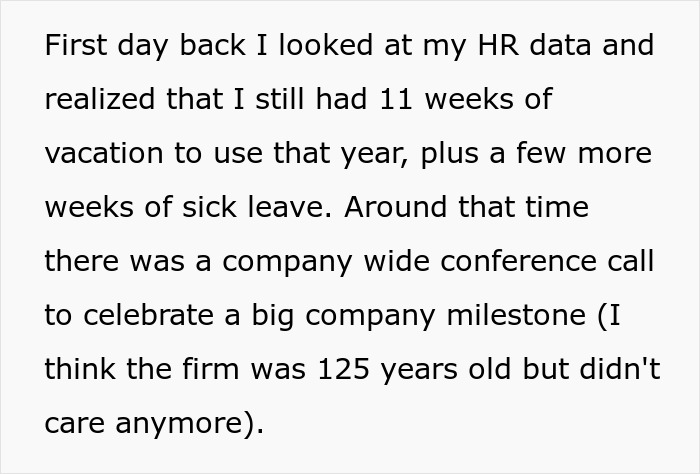 Text excerpt describing an employee reviewing HR data and company milestone during a conference call.
