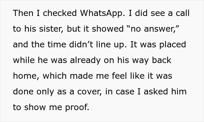 Text discussing wife discovering husband lied during video call with ex, checking WhatsApp call history for proof.