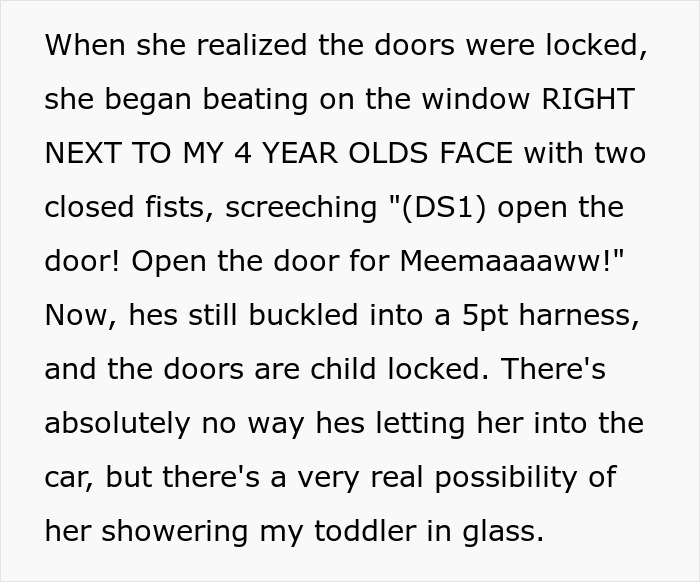 Alt text: Toddler buckled in car seat while wife’s step-mom, the suspected Hamburglar, pounds on window stealing food.