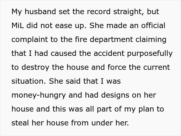 Text showing a son&rsquo;s wife describing evil MIL&rsquo;s false complaints and lack of sympathy after their home burns down.
