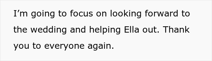 Text image with a message about focusing on a wedding and helping the maid of honor, showing true feelings.