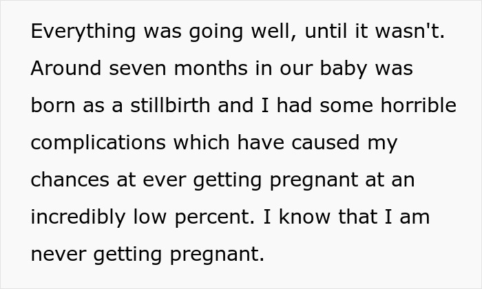 Text about an infertile wife sharing her struggles after a stillbirth and low chances of getting pregnant again.