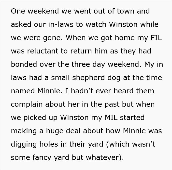 Text describing a story about a MIL pretending a dog passed away to get rid of him and family finding the dog at a shelter.