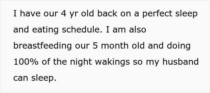 Text about breastfeeding and managing night wakings, highlighting lazy hubby inviting mom to help instead of pitching in.