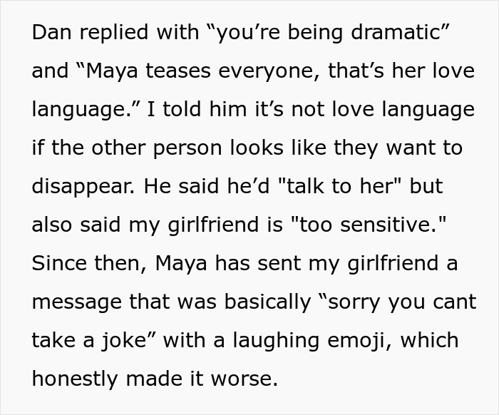 Text excerpt showing conflict where guy's best friend's girlfriend bullies his girlfriend, causing relationship tension.