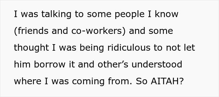 Text discussing a woman refusing to lend her new snow blower to an unfamiliar neighbor and being called ridiculous.