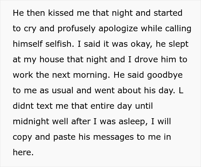 Text excerpt showing a cheater apologizing and vanishing, illustrating a cheater breaking a girlfriend&rsquo;s heart repeatedly.