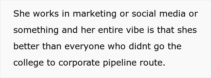 Text about a woman belittling an electrician for working with his hands, highlighting her corporate mindset.