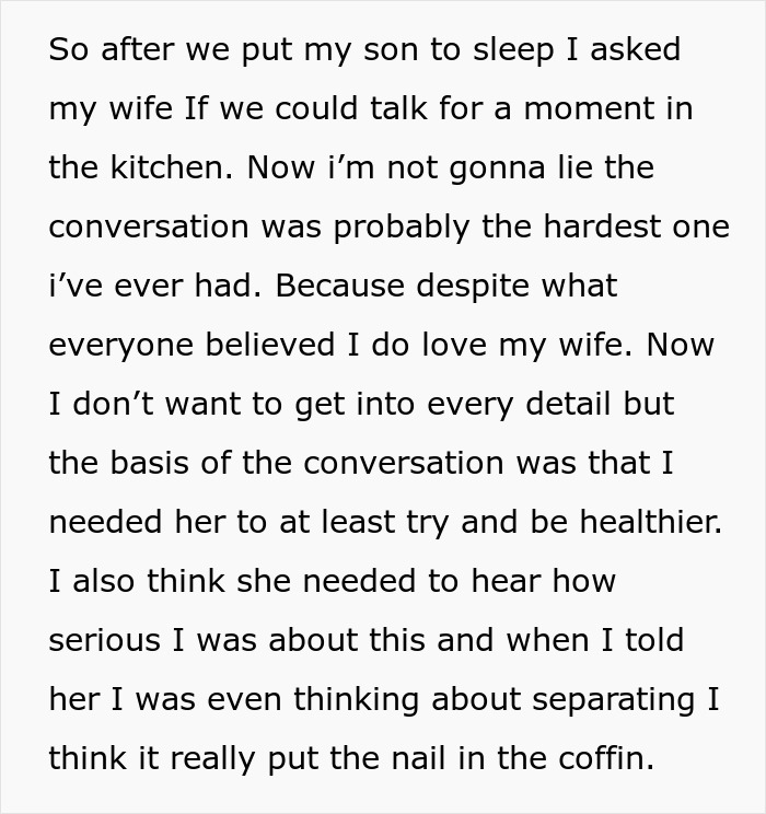 Alt text: Husband struggles to accept his wife&rsquo;s weight gain and discusses concerns about health and their relationship in a serious talk.