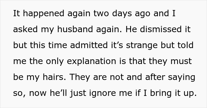 Text excerpt discussing a suspicious husband dismissing concerns about long hairs found in the shower.