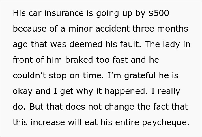 Man facing a $500 car insurance hike after minor accident affecting his finances and relationship with fianc&eacute;e.