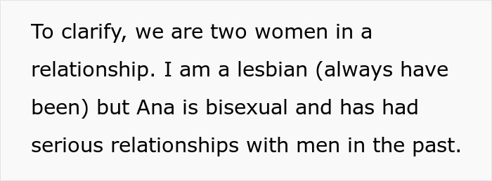 Text explaining a lesbian couple experiencing confusion about one partner being pregnant and their relationship dynamics.