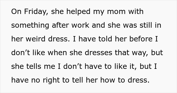 Text excerpt discussing a man wanting his girlfriend to stop dressing like Ms. Frizzle and receiving a reality check.