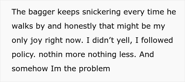 Text message about a cashier following overtime policy during a crisis while a bagger snickers nearby.