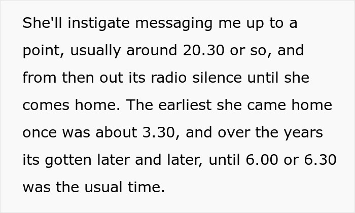 Text about a woman&rsquo;s party behavior and relationship partner with late-night messaging and radio silence.