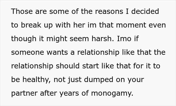 Text explaining why a guy broke up with a woman after she suggested an open relationship, emphasizing relationship boundaries.