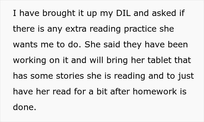 Text showing a conversation about extra reading practice for a grandkid, highlighting grandma&rsquo;s role in teaching to read.