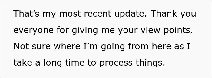 Text snippet showing a personal update message expressing uncertainty and gratitude with a focus on processing emotions related to boyfriend fake proposal love museum.