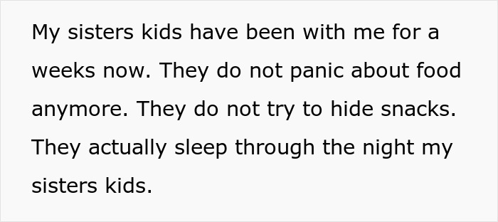 Text showing a sister describing her nephews sleeping well and no longer hiding snacks after being with her for weeks.