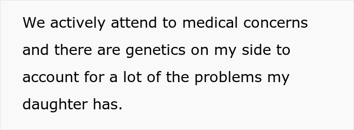 Text excerpt about attending to medical concerns and genetic factors related to daughter's health issues in family lifestyle conflict.