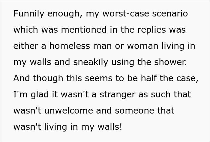 Text excerpt describing a suspicious husband&rsquo;s concern about long hairs in the shower possibly indicating an intruder.