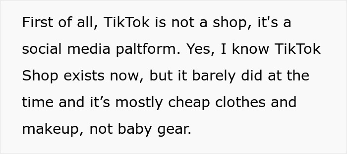 Text explaining TikTok as a social media platform, not a shop, highlighting lack of baby gear and focus on cheap clothes.