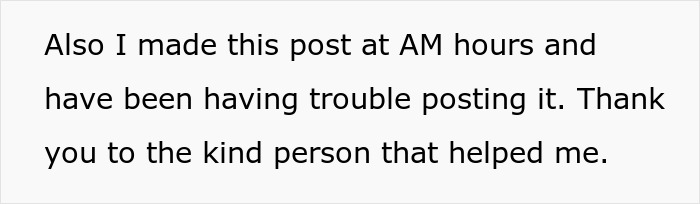 Text post thanking someone for help after having trouble posting at AM hours related to bf confession younger sister trouble.