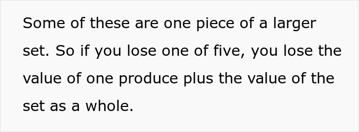Text explaining the value loss when one piece of a larger expensive Lego set is missing, related to a theft case.