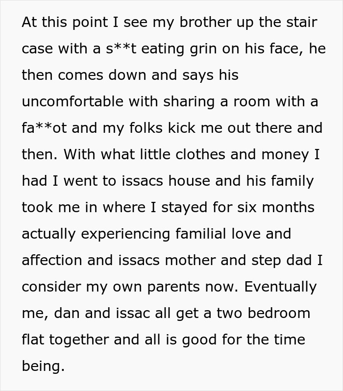 Text excerpt describing a man's experience with family hardship and finding familial love and support elsewhere.